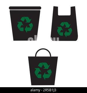 A black disposable cup and two black shopping bags with recycle sign on a white background with copy space Stock Vector