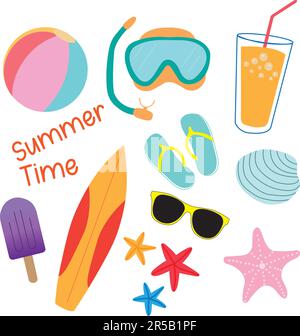 Summer banner with colored beach stuff on a white background Stock Vector