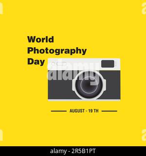 World photography day banner with a vintage camera on a yellow background with copy space Stock Vector