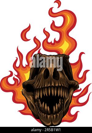 Vector illustration of Tyrannosaurus rex skull with flames on isolated background . Stock Vector