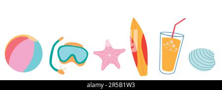 Summer banner with colored beach stuff on a white background with copy space Stock Vector