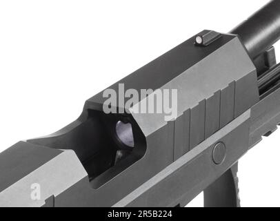 Semi-automatic 9 mm pistol that has no bullets in the chamber ready to shoot Stock Photo