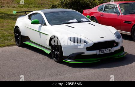 Three-quarter front view of a  White, 2017, Aston Martin Vantage GT8, on display at the 2023 Deal Classic Car Show Stock Photo