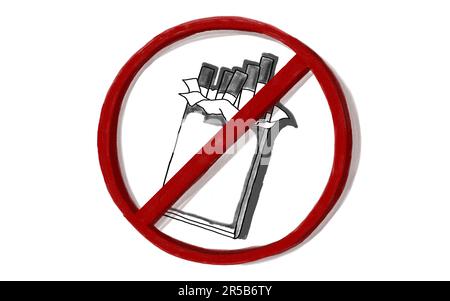 Opened Pack of Cigarettes in crossed out circle. Prohibited sign for smoking cigarettes. Stock Photo