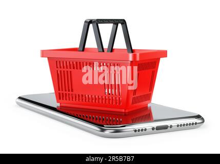 Red shopping basket and smartphone. Online buying and delivery. Render 3D. Isolated on white background Stock Photo