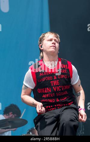 Nuremberg, Germany. 02nd June, 2023. Conor Mason (singer) of the British rock band Nothing But Thieves performs on the Utopia Stage during the open-air festival Rock im Park. Credit: Daniel Vogl/dpa/Alamy Live News Stock Photo