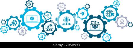 IT support vector illustration banner. Blue concept with icons and symbol related to IT helpdesk, hotline or helpline, remote or online tech support Stock Vector