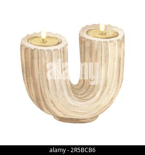 Watercolor modern scented U shape column pillar candle made of soy and coconut wax, trendy design candle. Hand-drawn illustration isolated on white Stock Photo