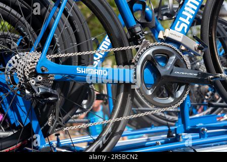 Shimano neutral service racing bicycle at Classique UCI Women's WorldTour road race Stage 3 2023 Ford RideLondon Stock Photo