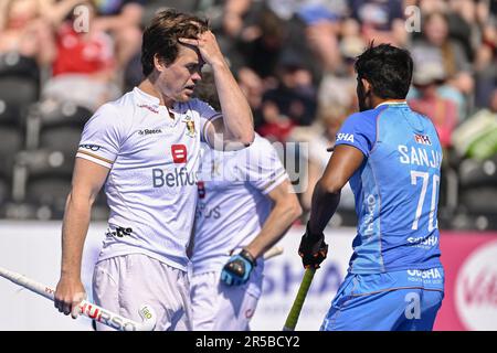 London, UK. 02nd June, 2023. Belgium's Tom Boon looks dejected during a game between Belgium's Red Lions and India, the third match (out of 12) in the group stage of the 2023 Men's FIH Pro League, Friday 02 June 2023 in London, United Kingdom. BELGA PHOTO LAURIE DIEFFEMBACQ Credit: Belga News Agency/Alamy Live News Stock Photo