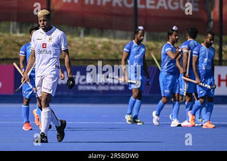 London, UK. 02nd June, 2023. Belgium's Nelson Onana looks dejected during a game between Belgium's Red Lions and India, the third match (out of 12) in the group stage of the 2023 Men's FIH Pro League, Friday 02 June 2023 in London, United Kingdom. BELGA PHOTO LAURIE DIEFFEMBACQ Credit: Belga News Agency/Alamy Live News Stock Photo