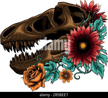 Vector illustration of dinosaur skull with tropical flowers Stock Vector