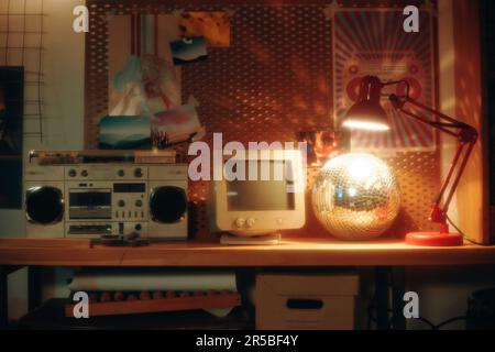 Horizontal image of group of vintage objects on table in garage Stock Photo
