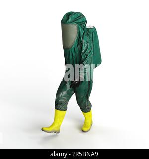 A 3D rendering of a person wearing a green hazard suit, walking on a white background Stock Photo