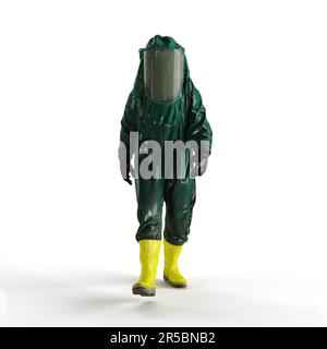 A 3D rendering of a person wearing a green hazard suit, walking on a white background Stock Photo