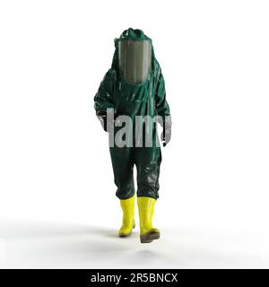 A 3D rendering of a person wearing a green hazard suit, walking on a white background Stock Photo