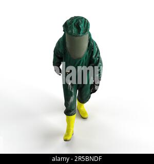 A 3D rendering of a person wearing a green hazard suit, walking on a white background Stock Photo