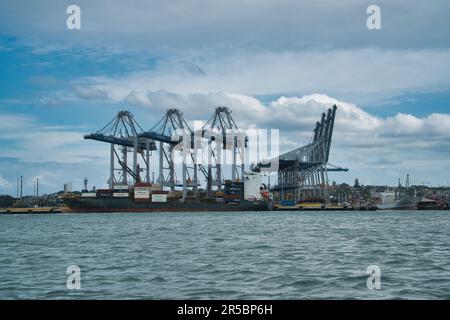 An immense cargo vessel is docked in the azure waters of Auckland harbor, near towering harbor cranes. Stock Photo