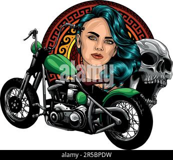 vector illustation of chopper motorcycle with skull and woman head Stock Vector