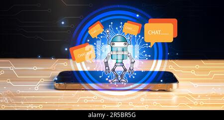 Chatbot, conversational assistant, artificial intelligence AI, artificial intelligence technology concept. Casual person. Relaxing conversation with c Stock Photo