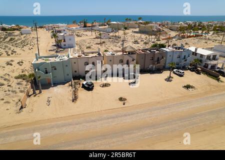 An aerial shot of the assorted colorful houses on Las Conchas beachfront in Puerto Penasco, Mexico. Stock Photo