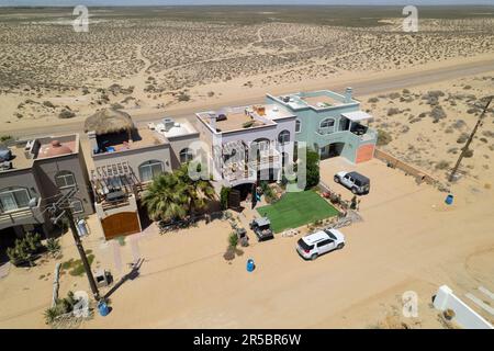 An aerial shot of the assorted colorful houses on Las Conchas beachfront in Puerto Penasco, Mexico. Stock Photo