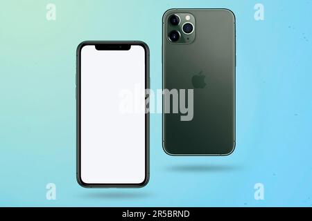 A black iPhone 11 smartphone with two sides against a colorful background Stock Photo