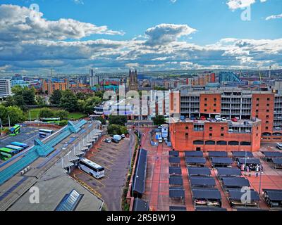 UK, West Yorkshire, Leeds Skyline, View across Kirkgate Outdoor Market and Leeds Bus Station. Stock Photo