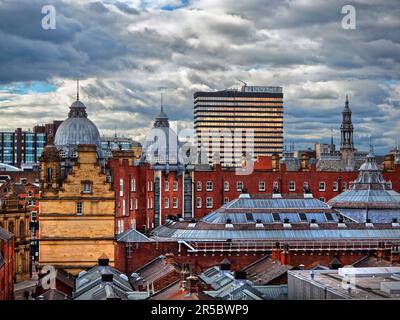 UK, West Yorkshire, Leeds Skyline, Kirkgate Market and Pinnacle Building. Stock Photo