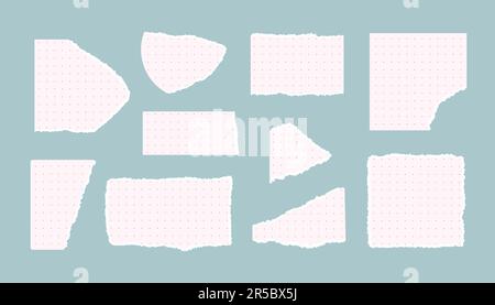 Vector illustration of pieces of torn white lined, squared notebook papers, notes. Stock Vector