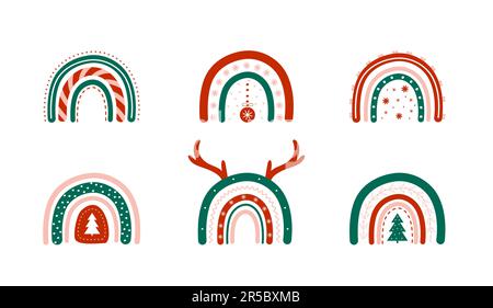 Christmas rainbows with new year elements. Winter clipart set in boho style. Vector fun childish illustration for posters, stickers, textile, logo Stock Vector