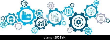 Operations management vector illustration banner. Blue concept related to organization, project planning & strategy, material flow, input & output Stock Vector