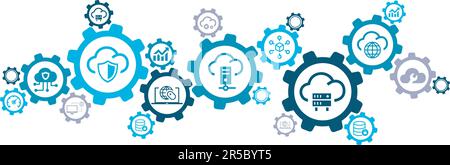 Cloud computing vector illustration. Blue concept with no people and icons related to cloud infrastructure and online storage, wireless connection Stock Vector
