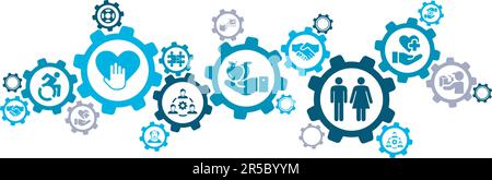 Volunteering and charity vector illustration banner. Concept with connected icons related to volunteer and community projects, welfare or charitable Stock Vector