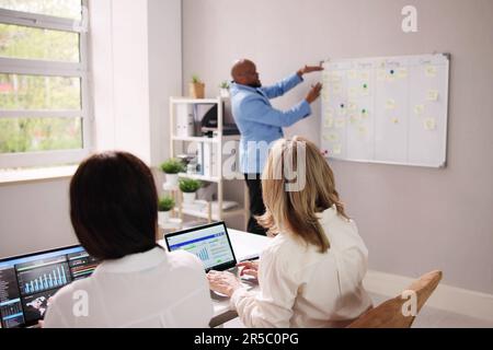 Agile Business Team Using Kanban Task Board Stock Photo