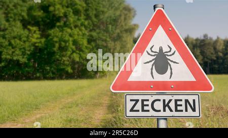 Warning sign with the german word 'Zecken' (ticks) outdoors Stock Photo