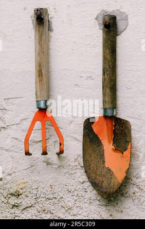 A vertical shot of rusty old orange gardening tools hanging on a white wall Stock Photo