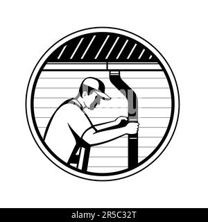 Retro style illustration of a roof plumber or roof contractor installing gutters, downpipes on a residential house or commercial buildings inside circ Stock Photo