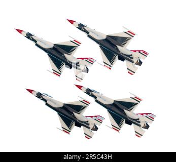 Wantagh, New York, USA - 26 May 2023: United States Air Force Thunderbird demonstration team performing the diamond formationin an airshow over Jones Stock Photo