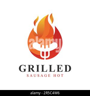 BBQ Grill Logo Design Hotdog Vector Grilled Fire Logotype Stock Vector