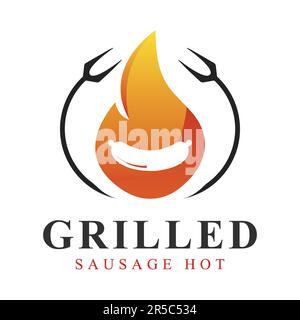 BBQ Grill Logo Design Hotdog Vector Grilled Fire Logotype Stock Vector