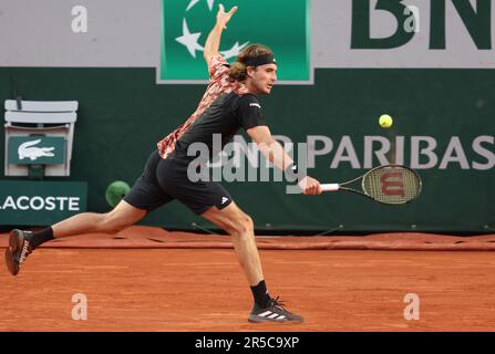 Paris, France. 02nd June, 2023. Fifth-seeded Stefanos Tsitsipas of Greece plays against Diego Schartzman of Argentina during their third-round match at the Roland Garros French Tennis Open in Paris, France, on Friday, June 2, 2023. Photo by Maya Vidon-White/UPI Credit: UPI/Alamy Live News Stock Photo