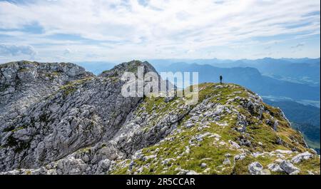 Mountaineer on a ridge path, crossing the Hackenkoepfe, rocky mountains of the Kaisergebirge, Wilder Kaiser, Kitzbuehler Alps, Tyrol, Austria Stock Photo