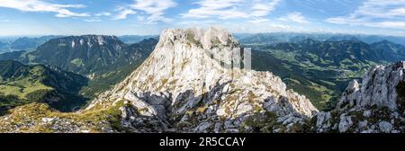 Panorama, rocky mountain ridge, crossing the Hackenkoepfe, rocky mountains of the Kaisergebirge, behind Zahmer Kaiser, Wilder Kaiser, Kitzbuehel Stock Photo