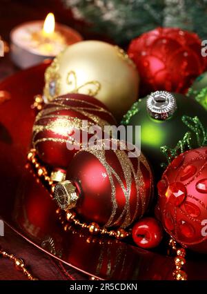 Beautiful Christmas ornaments as table decoration Stock Photo