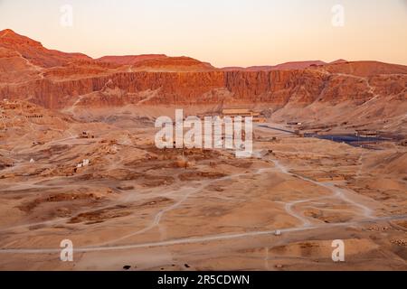 Aerial view of archaeological site in Valley of The Kings with temple of Pharaoh Hatshepsut in Theban Necropolis, Luxor, Upper Egypt Stock Photo