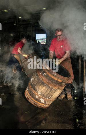 Coopers work on whisky casks at the Speyside Cooperage in Craigellachie, Scotland Stock Photo