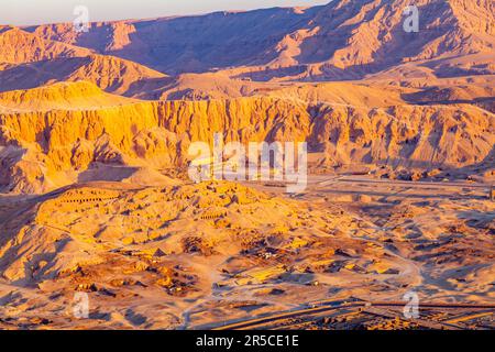 Aerial view of Hatshepsut Mortuary Temple at Deir el-Bahari in Archaeological site at Valley of The Kings in the morning, Luxor, Upper Egypt Stock Photo