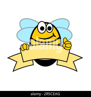 Cheerful cartoon bee with a banner and thumb up, vector illustration Stock Photo