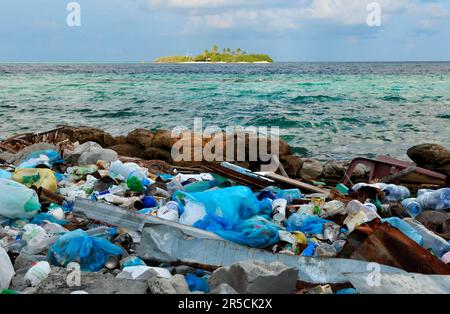 Litter on the beach, Rasdhoo Island, Maldives Stock Photo